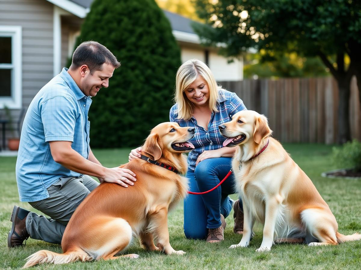 In-home private lesson coaching an owner with their golden retrievers in the backyard