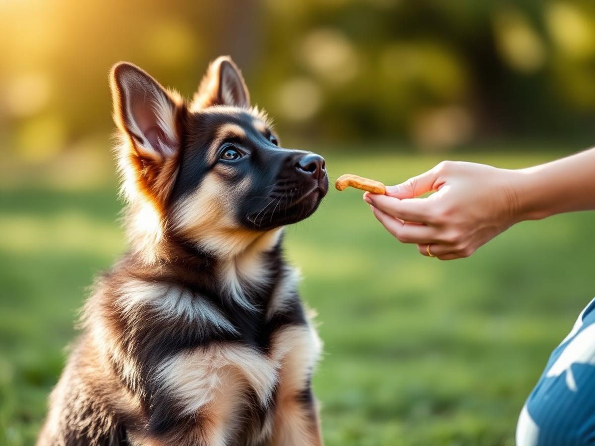 German Shepherd puppy attentively engaging with its handler during foundation training
