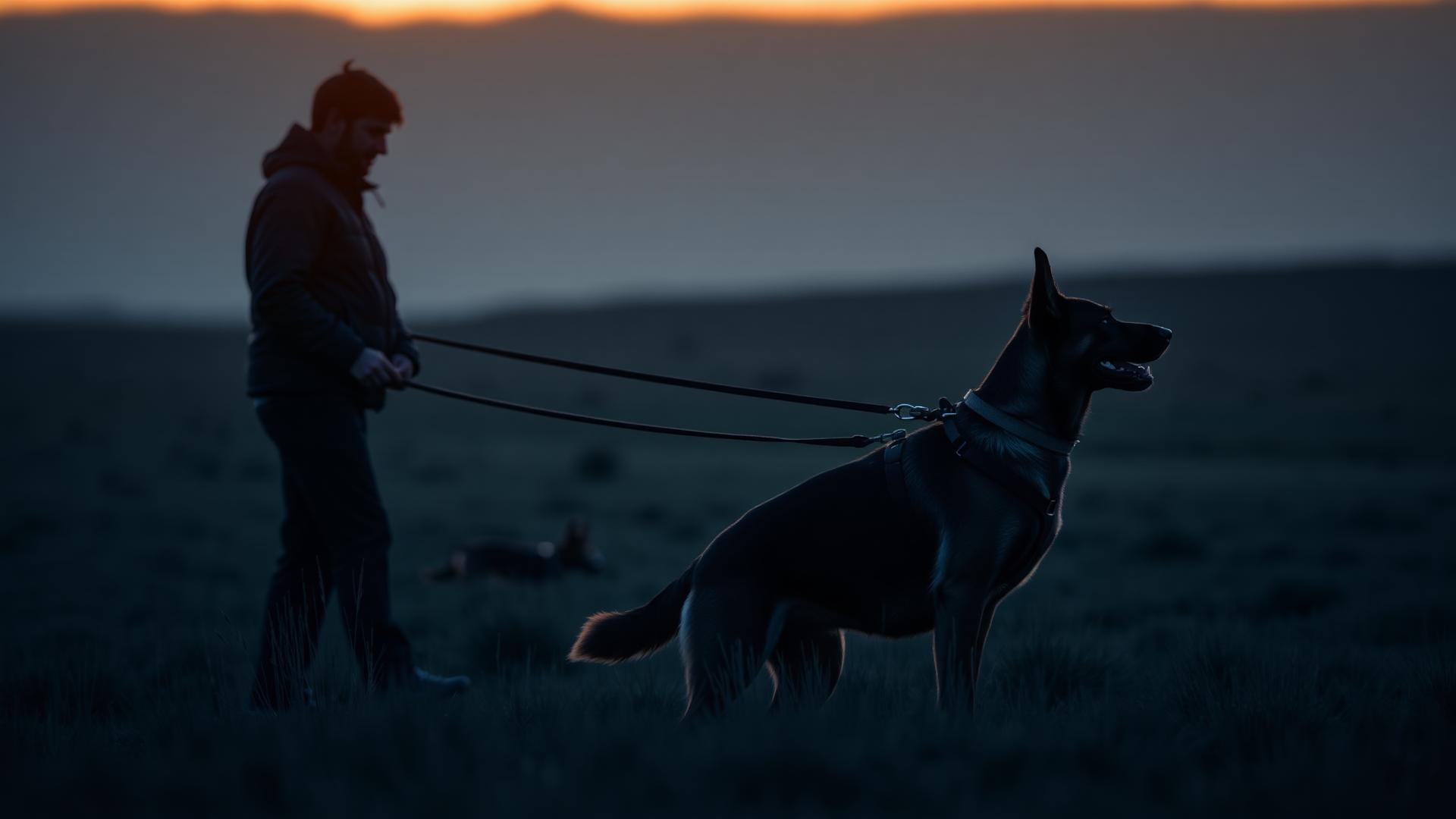 Belgian Malinois in off-leash heel at golden hour